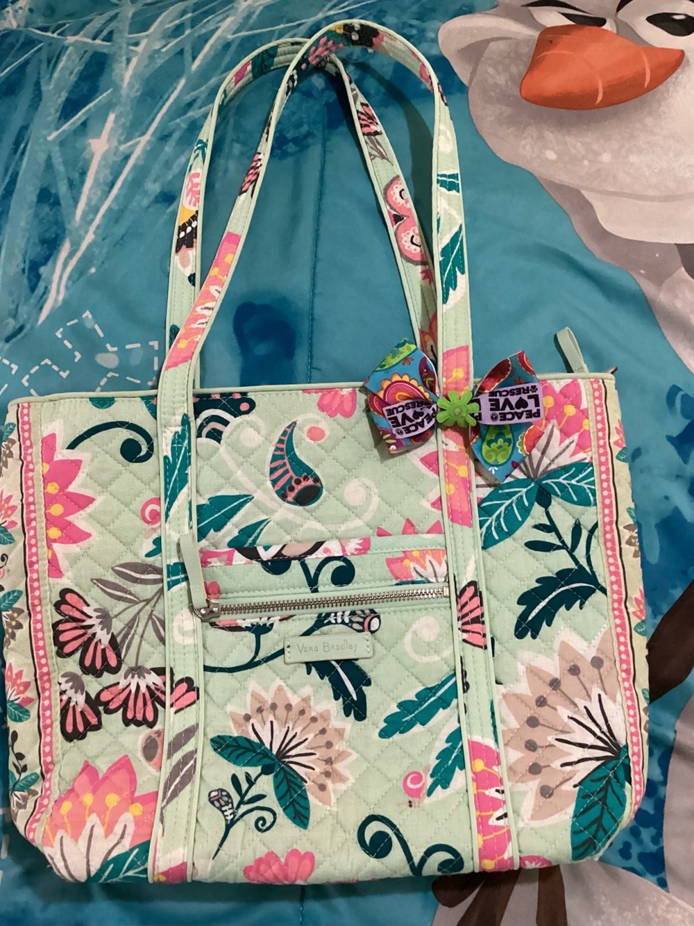 Vera Bradley Mint Floral Quilted Tote with Pink & Teal Accents